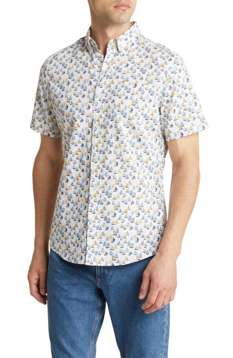 Sailboats Short Sleeve Linen & Cotton Blend Button-Down Shirt