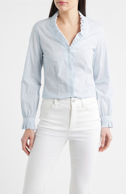 Ruffle Detail Stripe Cotton Button-Up Shirt