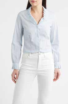 Ruffle Detail Stripe Cotton Button-Up Shirt