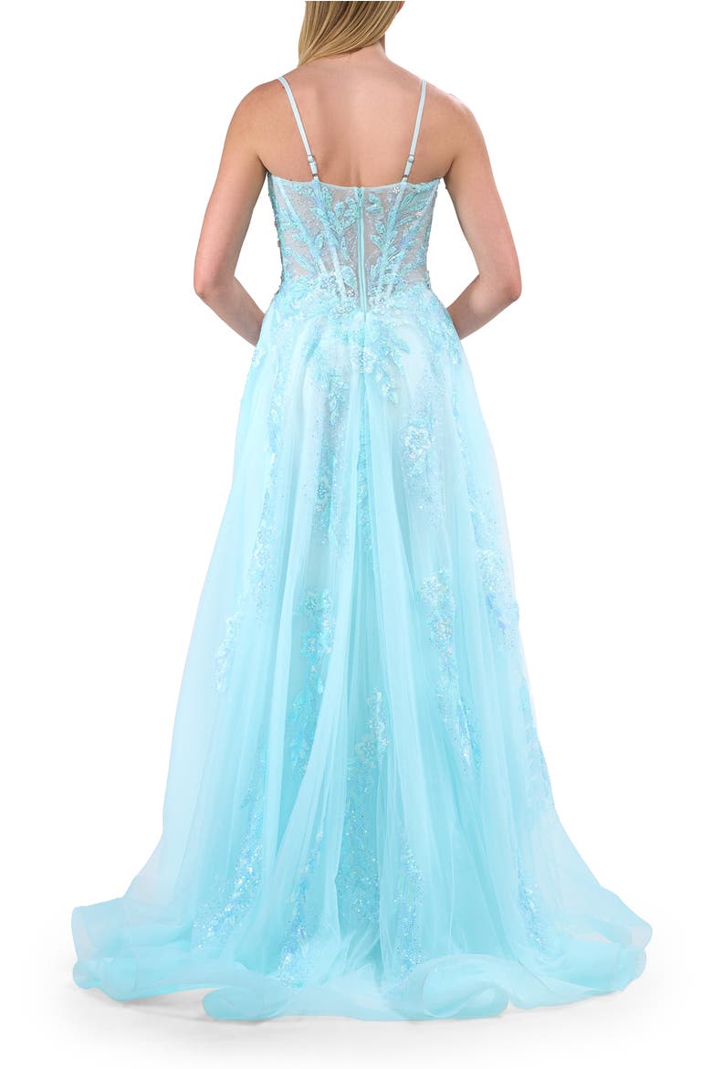 A-line Prom Dress with Beaded Floral Applique and Corset Top, Alternate, color, Light Blue