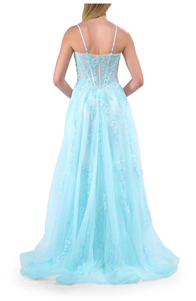 La Femme A-line Prom Dress with Beaded Floral Applique and Corset Top, Alternate, color, Light Blue
