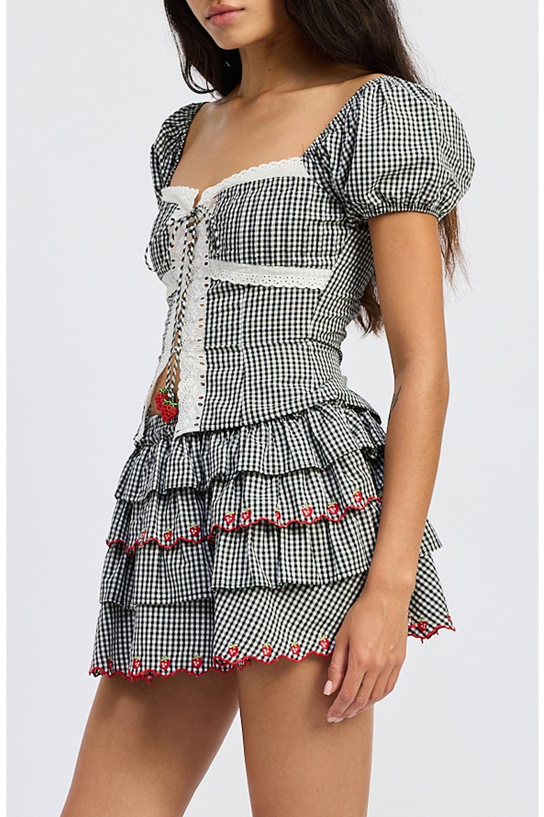 Emmie Gingham Puff Sleeve Crop Top, Alternate, color, BLACK WHITE