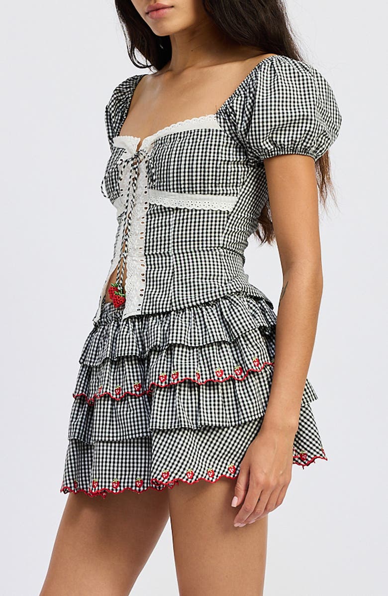 JACQUIE THE LABEL Emmie Gingham Puff Sleeve Crop Top, Alternate, color, Black White