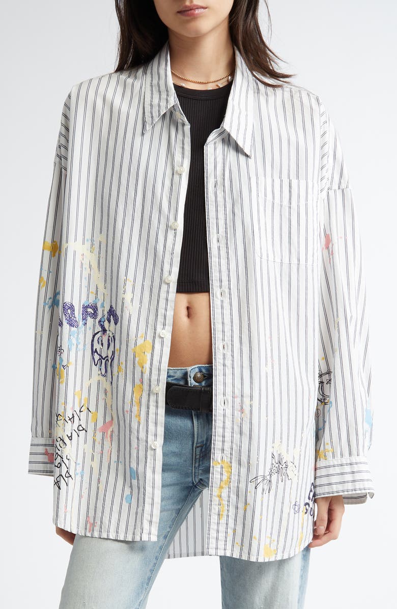 R13 Drop Neck Stripe Scribble Print Button-Up Shirt, Main, color, 