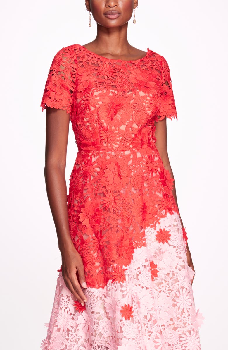 Marchesa Notte Daisies & Dahlia 3D Floral Guipure Lace Midi Dress, Alternate, color, 