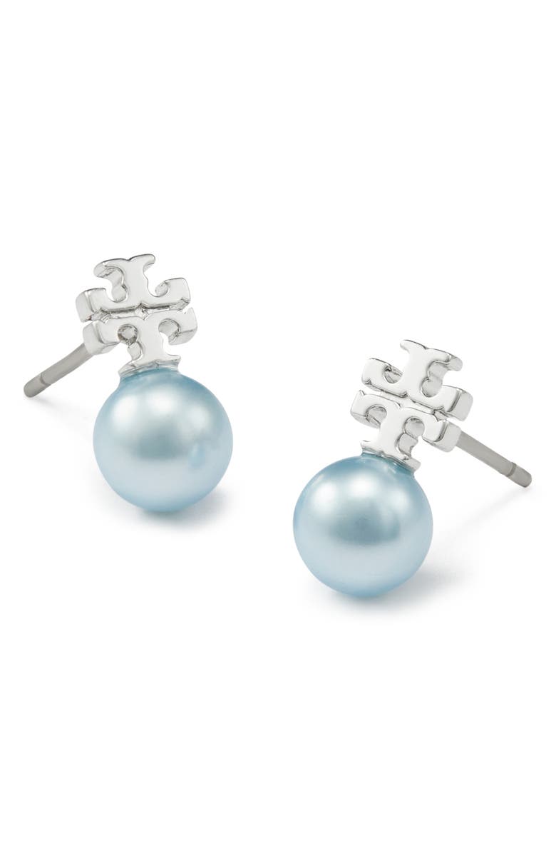 Tory Burch Faux Pearl Stud Earrings, Alternate, color, Tory Silver / Blue