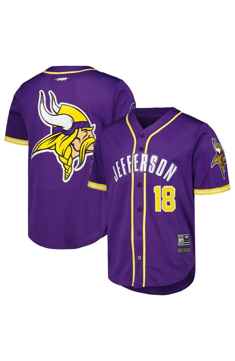PRO STANDARD Men's Pro Standard Justin Jefferson Purple Minnesota Vikings Mesh Baseball Button-Up T-Shirt, Main, color, 