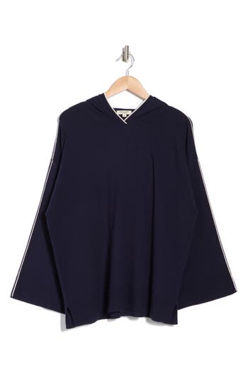 Max Studio Fine Gauge Hooded Sweater In Dark Navy/off White