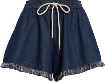 Zimmermann Rhiannon Drawstring Waist Fringe Hem Denim Shorts