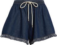 Zimmermann Rhiannon Drawstring Waist Fringe Hem Denim Shorts