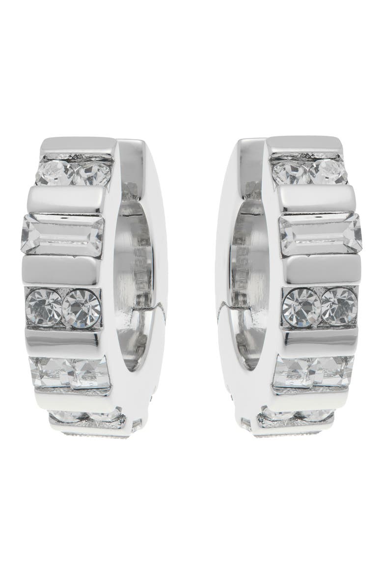 Sadie Crystal Huggie Hoop Earrings, Main, color, SILVER TONE/ CLEAR CRYSTAL