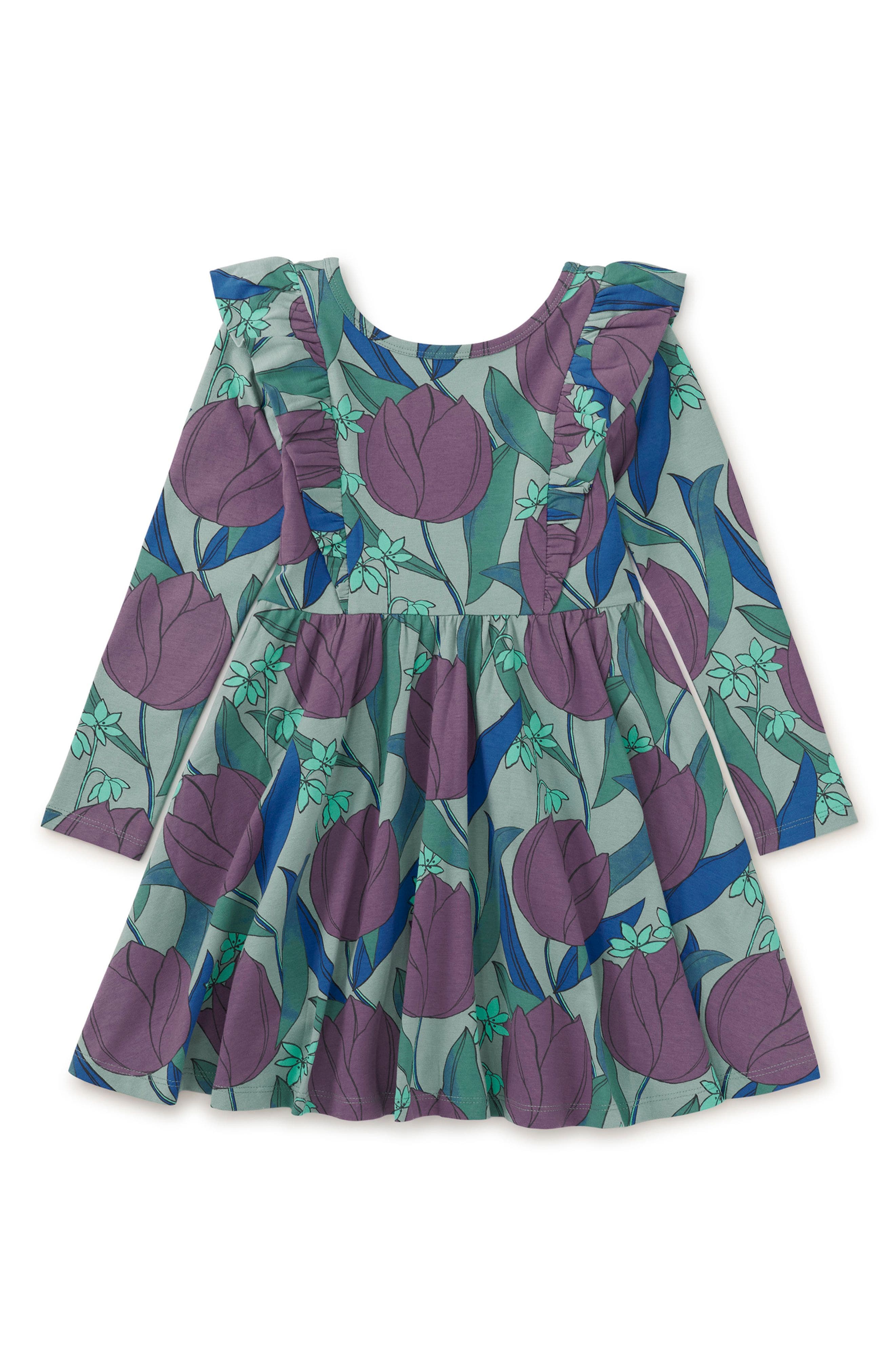 Tea Collection Ruffle Shoulder Ballet Dress in Tulip Twist In Green 