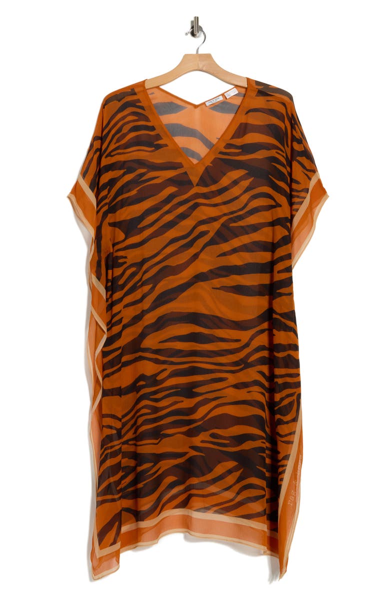 rag & bone Kaia Zebra Print Silk Blend Cover-Up Caftan, Alternate, color, Orangetgr
