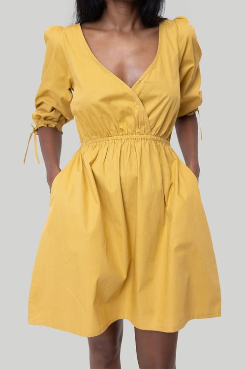 Reistor Gathered Elbow Sleeve Short Dress In Mustard