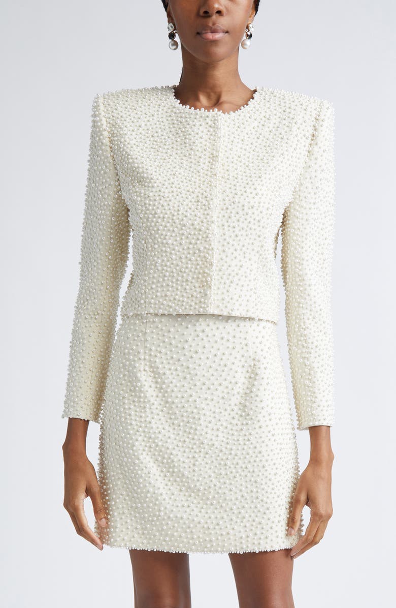 Carolina Herrera Faux Pearl Embellished Crop Jacket, Main, color, Ivory