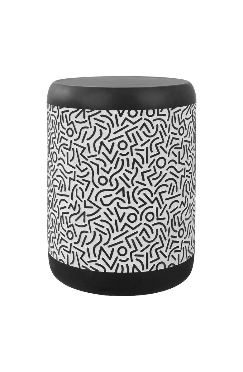 JONATHAN Y Indi 17.75" Modern Bohemian Geometric Drum Garden Stool, Main, color, Black/White