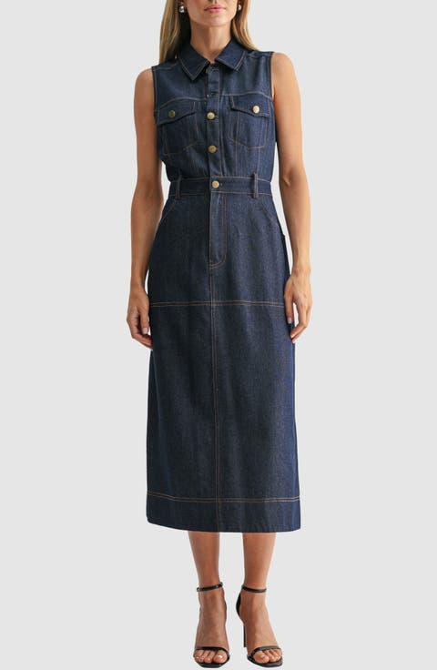 Sleeveless Cotton Blend Denim Utility Dress