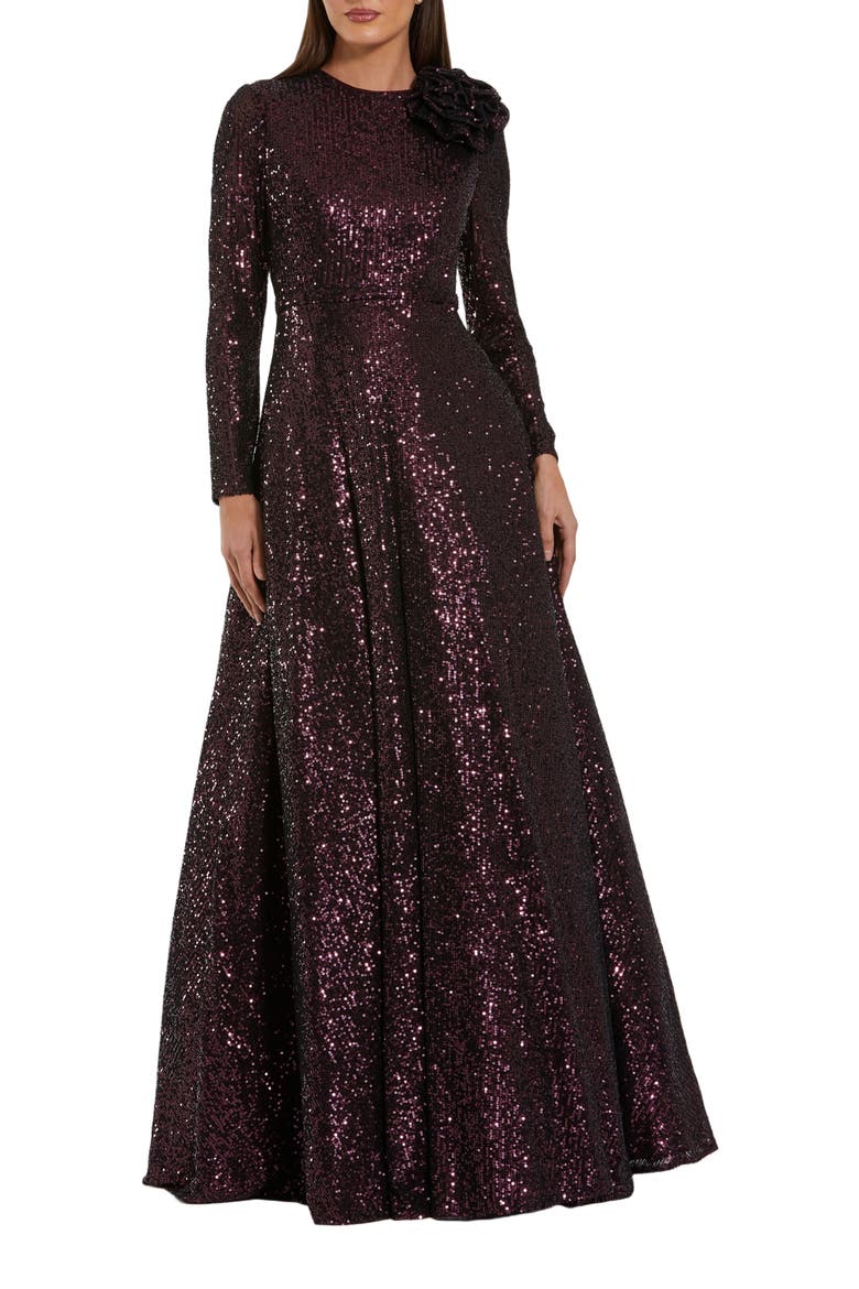 Long Sleeve Sequin Ballgown With 3D Flower, Alternate, color, Amethyst