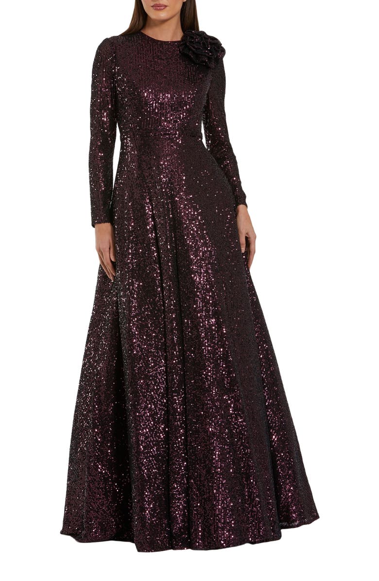 Mac Duggal Long Sleeve Sequin Ballgown With 3D Flower, Alternate, color, Amethyst