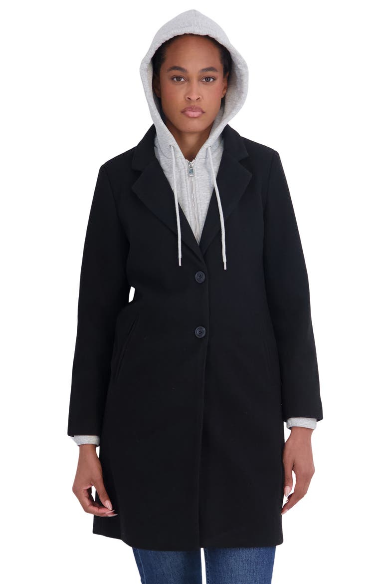 Faux Wool Single Breasted Coat with Hooded Bib, Alternate, color, BLACK
