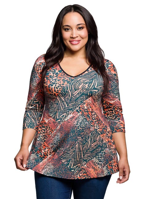 Plus Size  Animal Print V Neck Three Quarter Sleeve Tunic Top