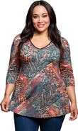 24seven Comfort Apparel Plus Size  Animal Print V Neck Three Quarter Sleeve Tunic Top
