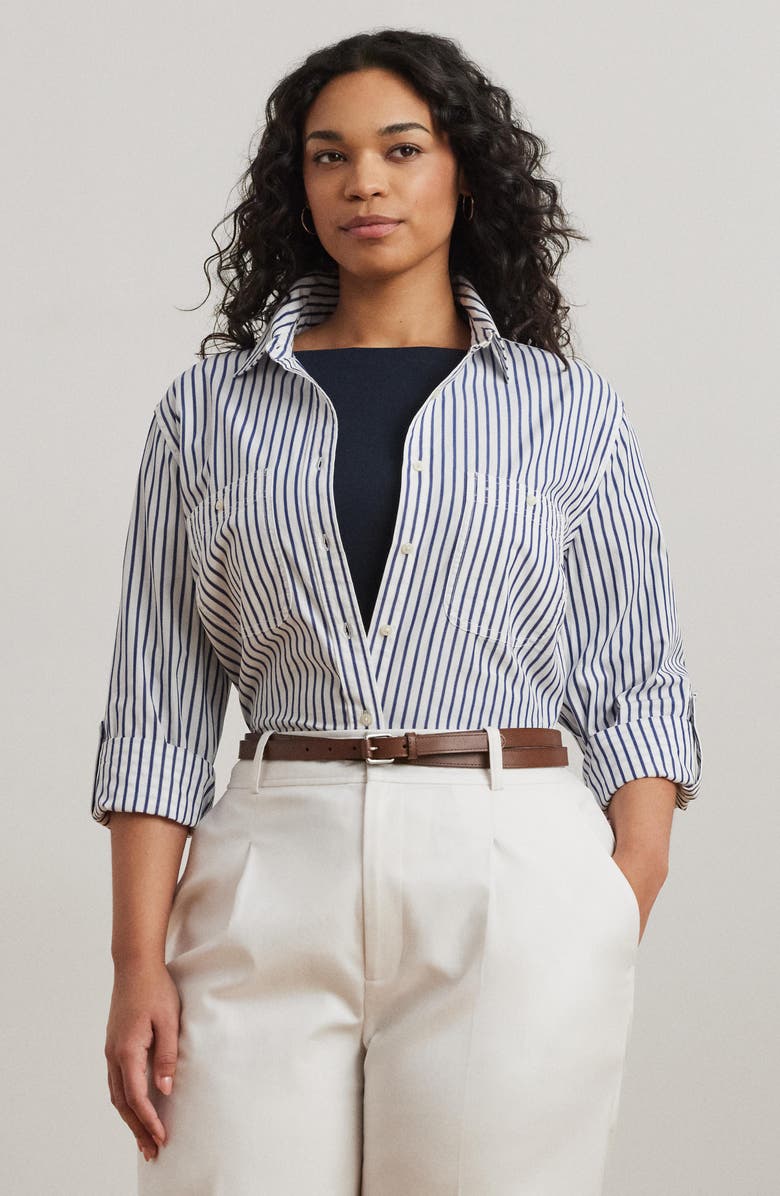 Lauren Ralph Lauren Rimnan Port Stripe Button-Up Shirt, Alternate, color, White/ Indigo
