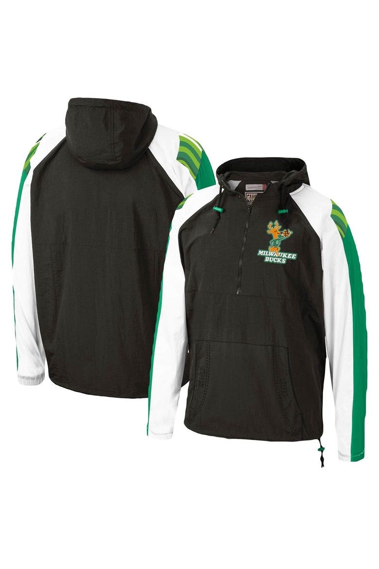 Men's Mitchell & Ness Black Milwaukee Bucks Hardwood Classics Anorak Half-Zip Pullover Hoodie Windbreaker Jacket, Alternate, color, Black