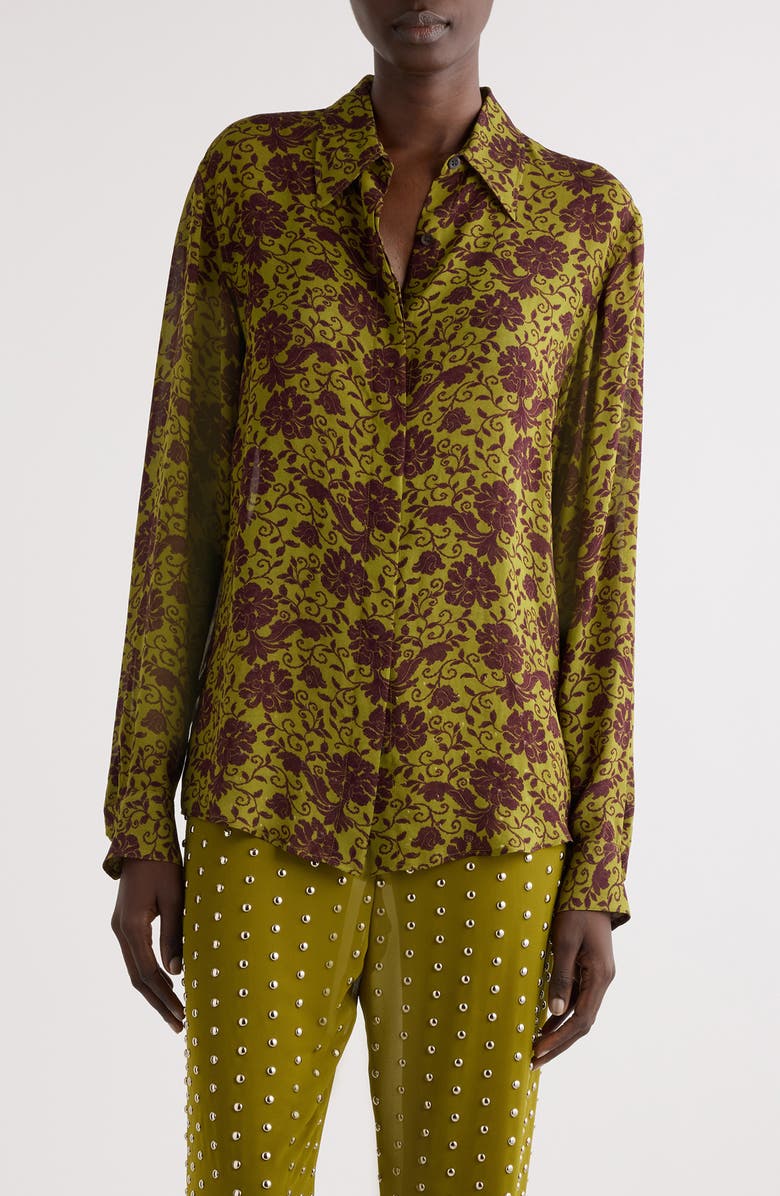 Dries Van Noten Chowy Floral Button-Up Shirt, Main, color, Olive