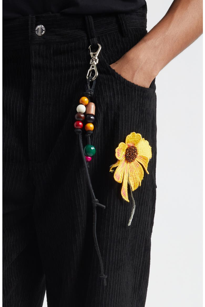 Pleated Embellished Flower Patch Corduroy Pants, Alternate, color, BLACK