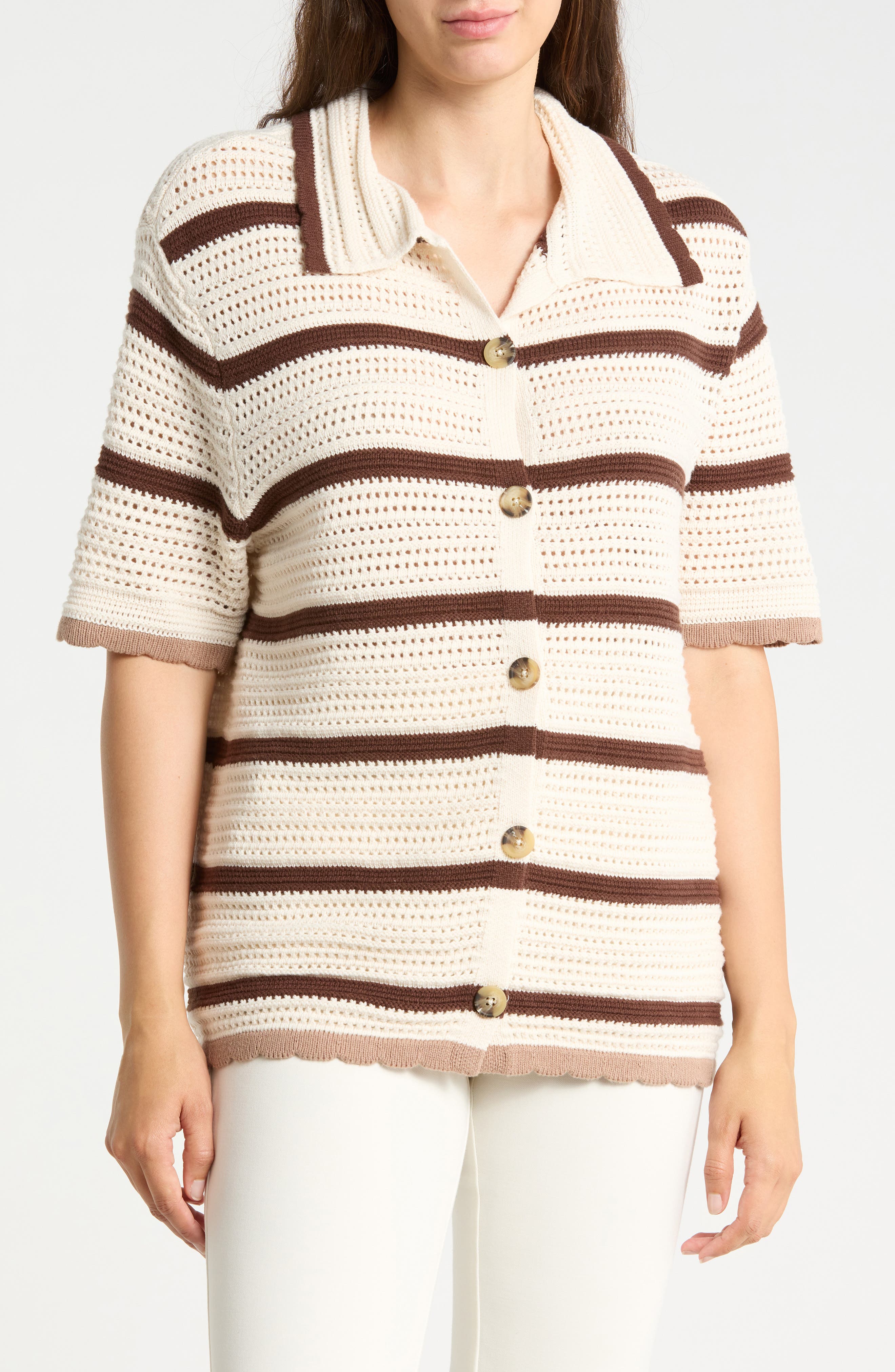 Mesh Stripe Button-Up Sweater Top