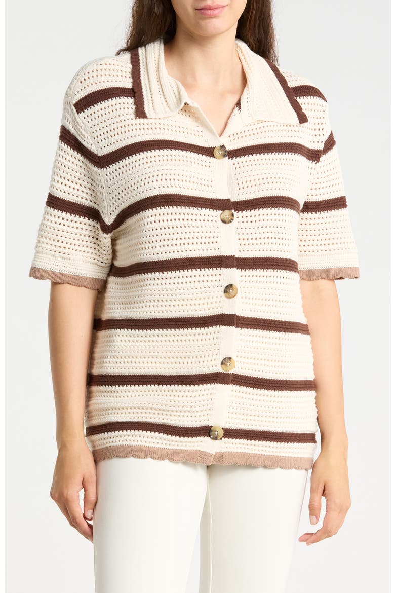 Mesh Stripe Button-Up Sweater Top, Main, color, ANTIQUE WHITE