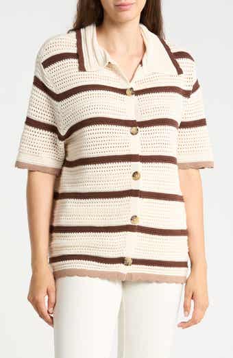 Mesh Stripe Button-Up Sweater Top