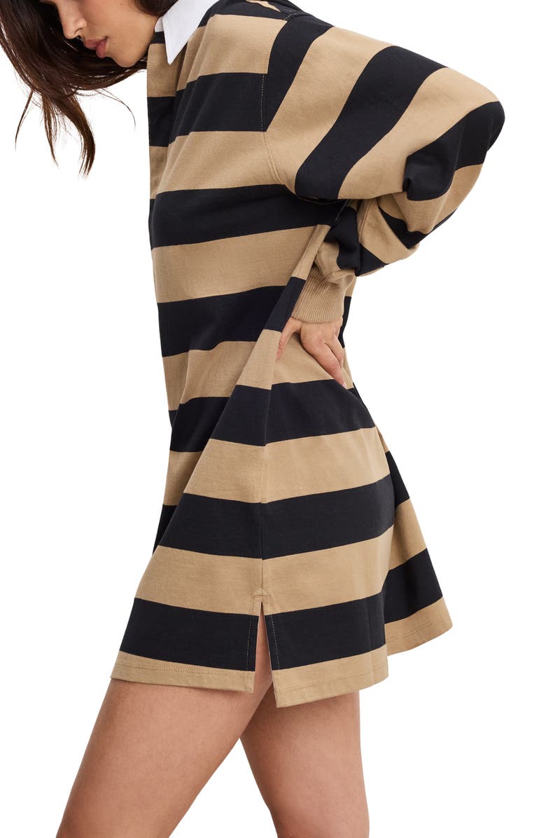 Good American Stripe Jersey Polo Minidress, Alternate, color, Good Khaki/ Black Rugby Stripe
