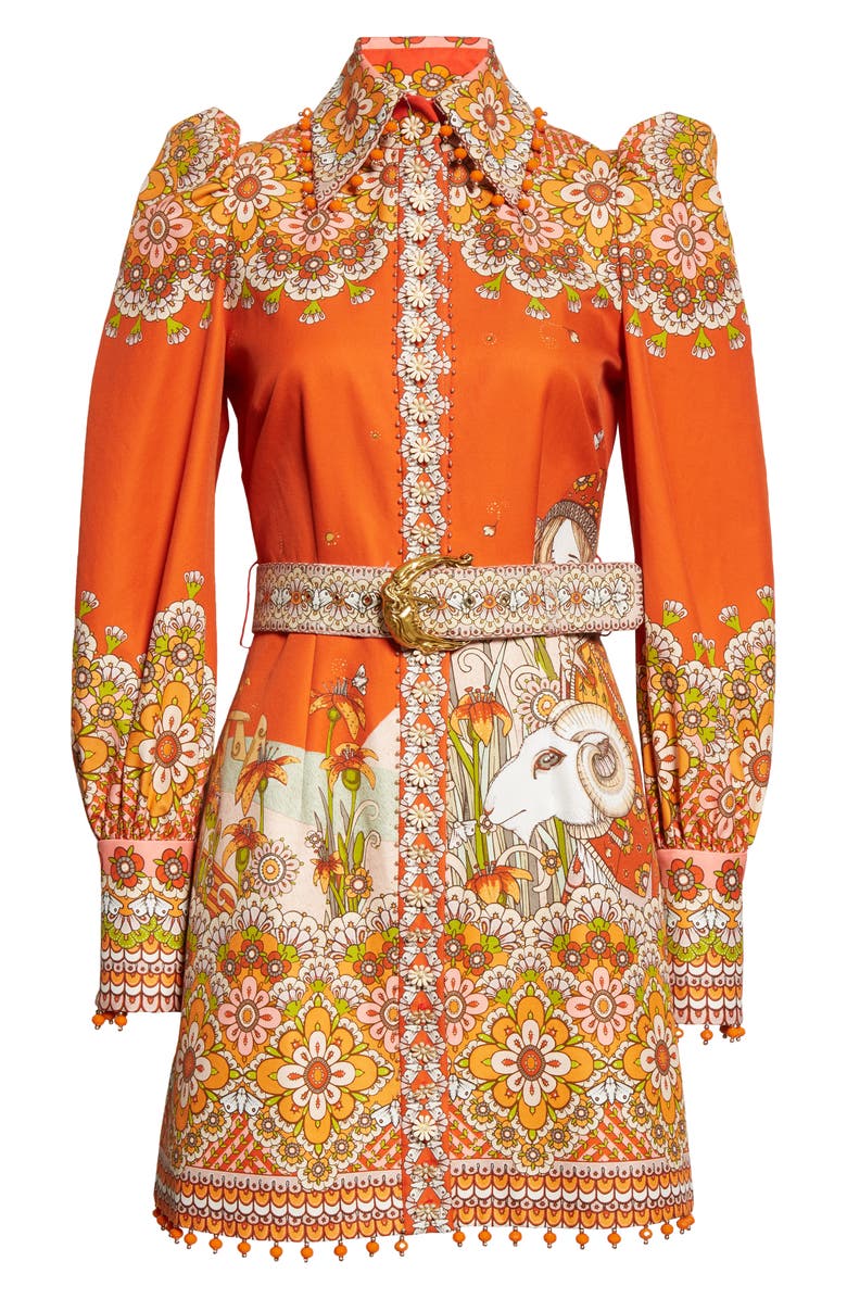 Zimmermann Aries Zodiac Print Belted Long Sleeve Minidress, Alternate, color, 