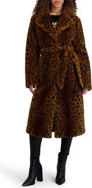KARL LAGERFELD PARIS Leopard Print Faux Fur Wrap Coat
