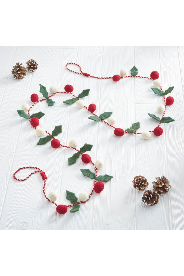 Green Holly Leaves Red White Berries Wool Felt Garland, Alternate, color, Green