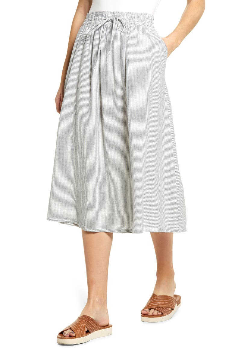 Tie Waist Linen Blend Midi Skirt, Main, color, BLUE VINTAGE LEAH STRIPE
