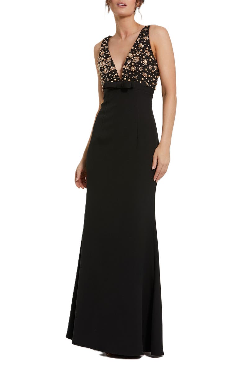 Mac Duggal Crepe Sleeveless Beaded V Neck Gown With Bow, Main, color, Black