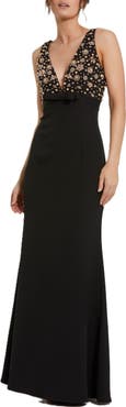 Mac Duggal Crepe Sleeveless Beaded V Neck Gown With Bow