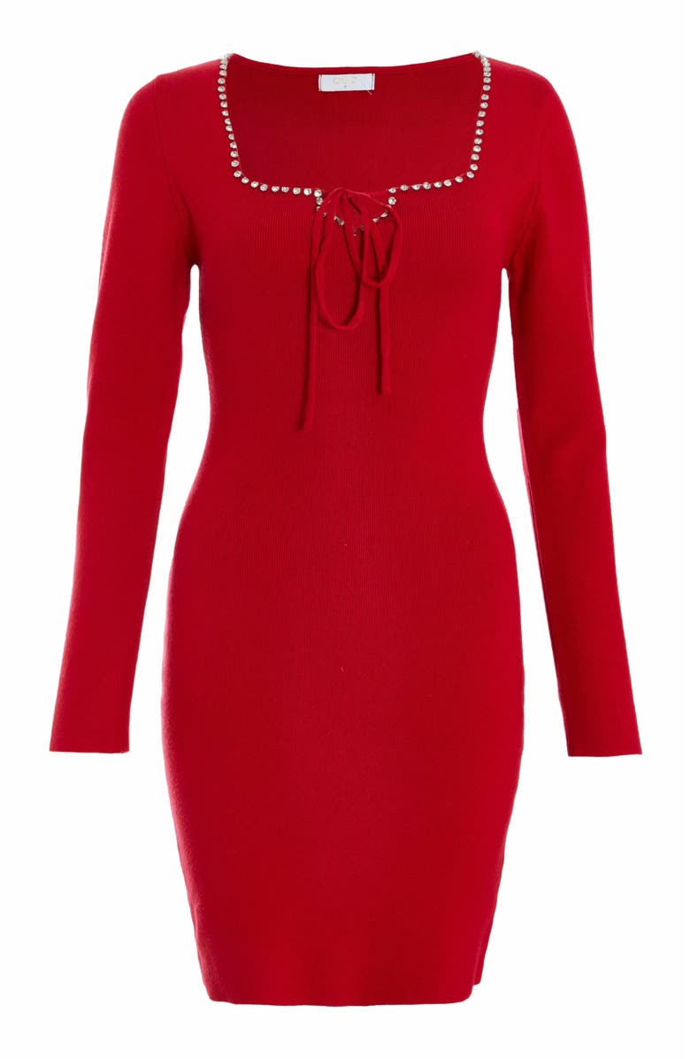 QUIZ Knit Diamante Trim tie Neck Long Sleeve Mini Sweater Dress, Alternate, color, 