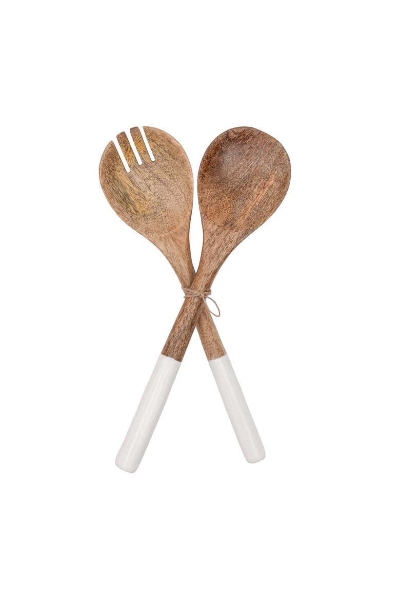Tove White Enamel Mango Wood 2-Piece Serving Utensils, Main, color, Brown