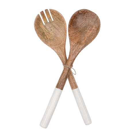 Tove White Enamel Mango Wood 2-Piece Serving Utensils