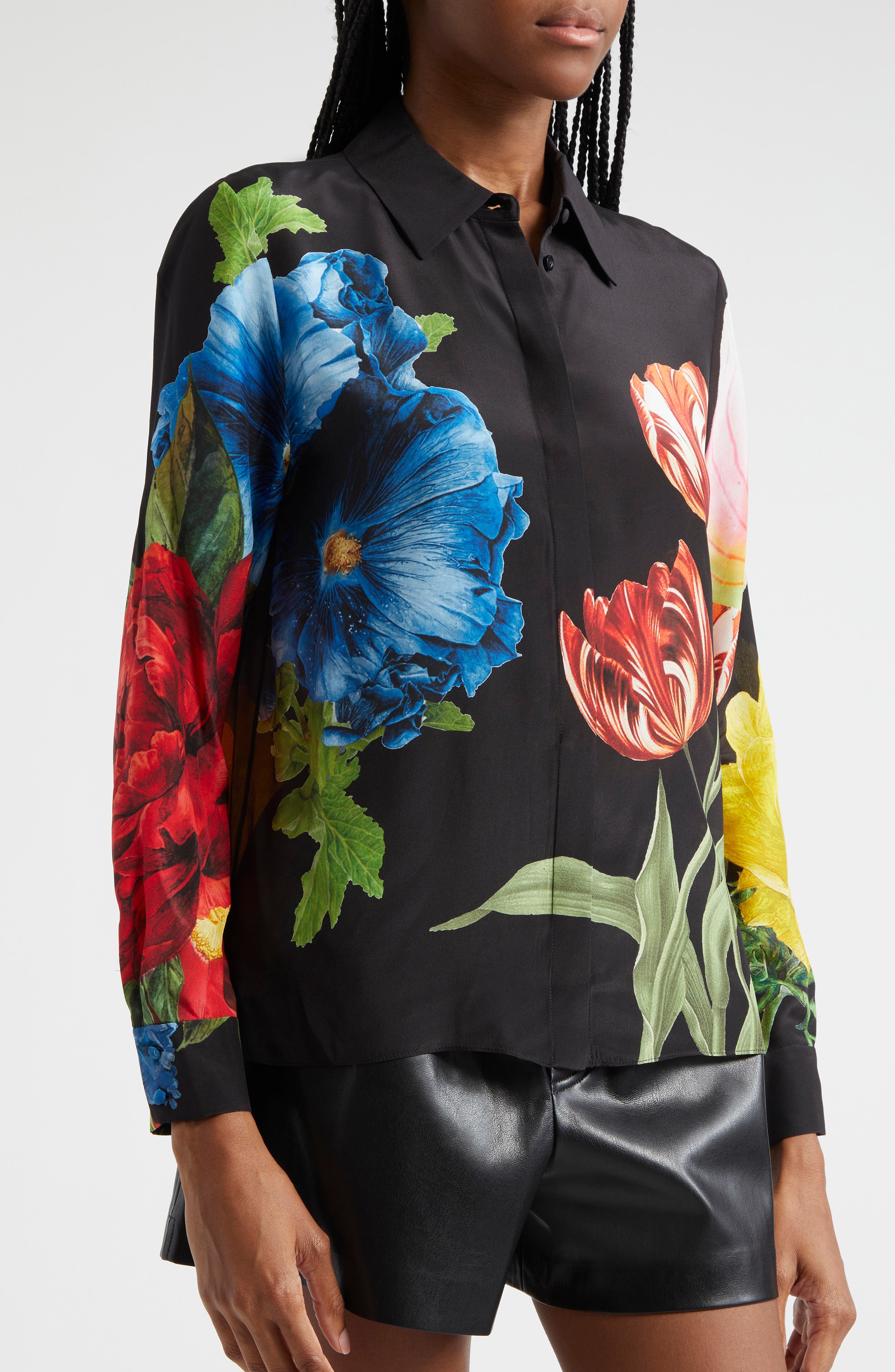 ALICE + OLIVIA Willa Floral Silk Button-Up Shirt (Women