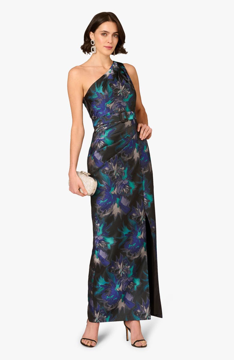 Aidan Mattox Print Belted Jacquard One-Shoulder Gown, Alternate, color,