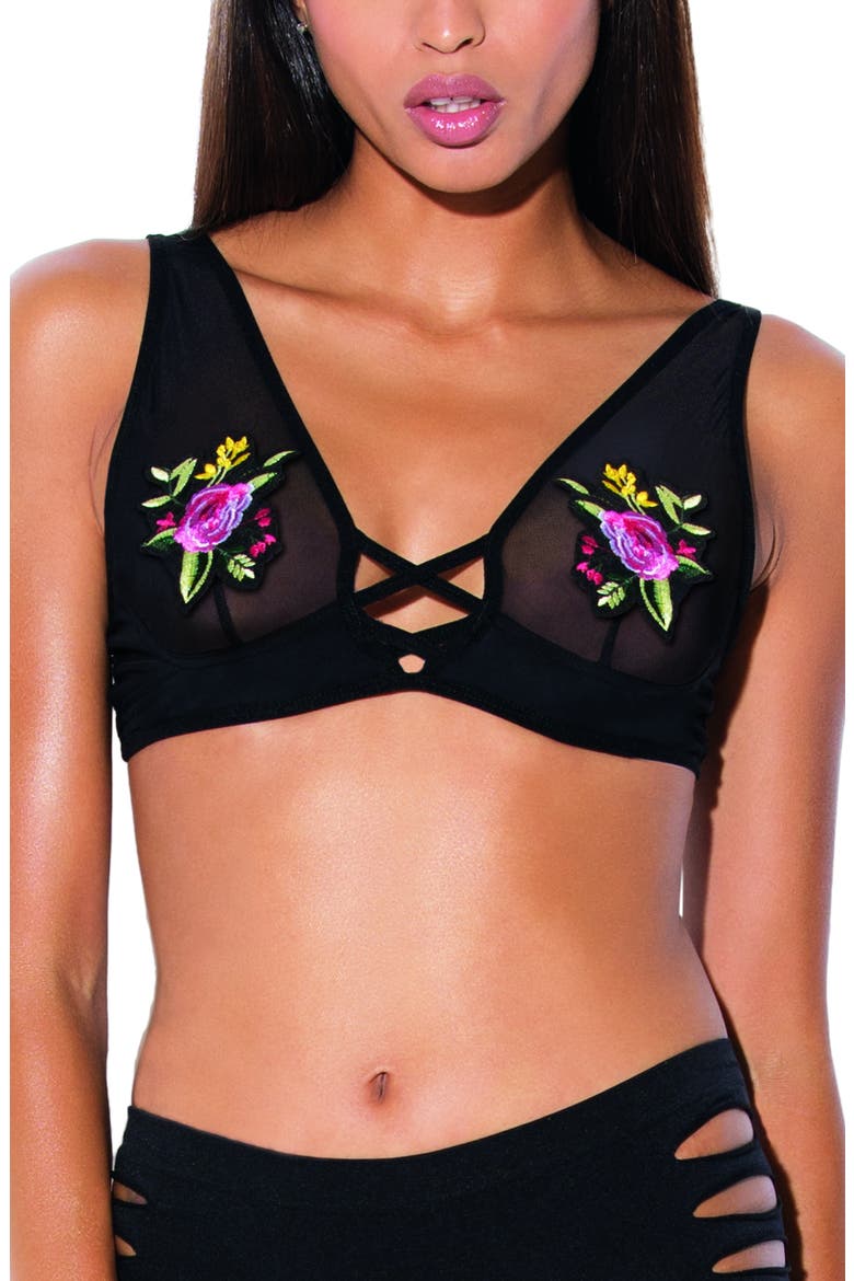 Flower Applique Bralette, Main, color, BLACK