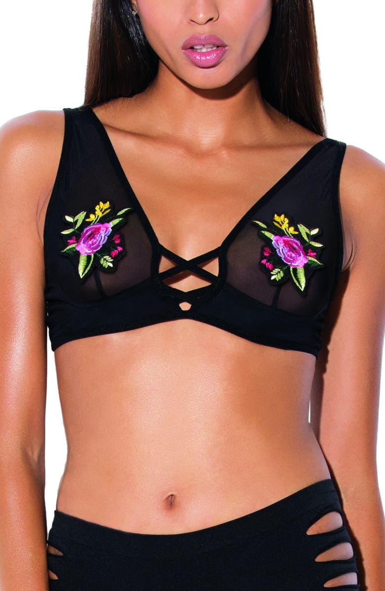 Hauty Flower Applique Bralette, Main, color, Black