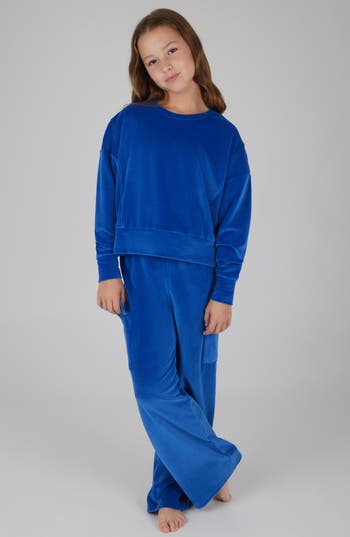 90 Degree By Reflex Kids' Velour Crew Pullover & Wide Leg Pants Set In Blue