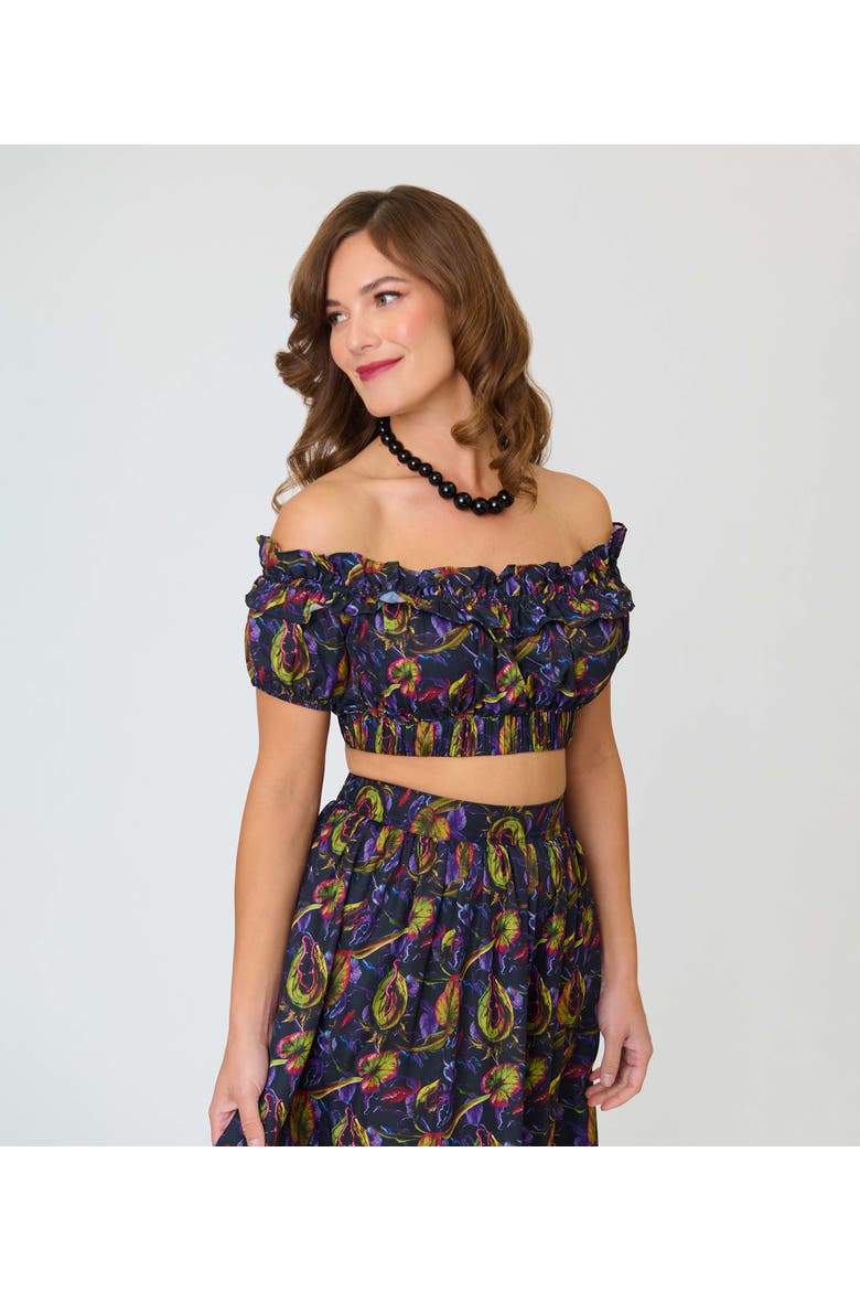 1970s Off Ruffle Up Crop Top, Main, color, Purple w/ Plants Print