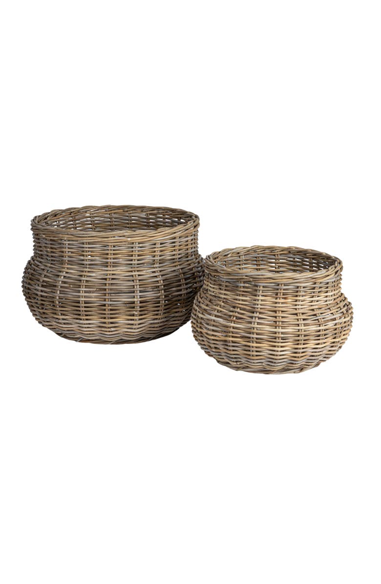 Storied Home Round Hand-Woven Rattan Round Planters, Grey, Set of 2, Main, color, Grey